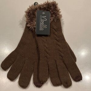 Brown Knit Gloves with Faux Fur Trim